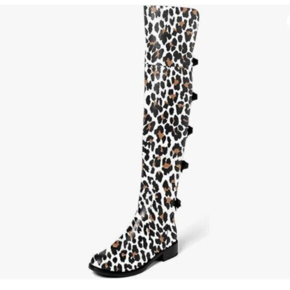 XYD Women Over The Knee Thigh High Leather Boots Chunky Heel Round Toe Leopard - Picture 1 of 8